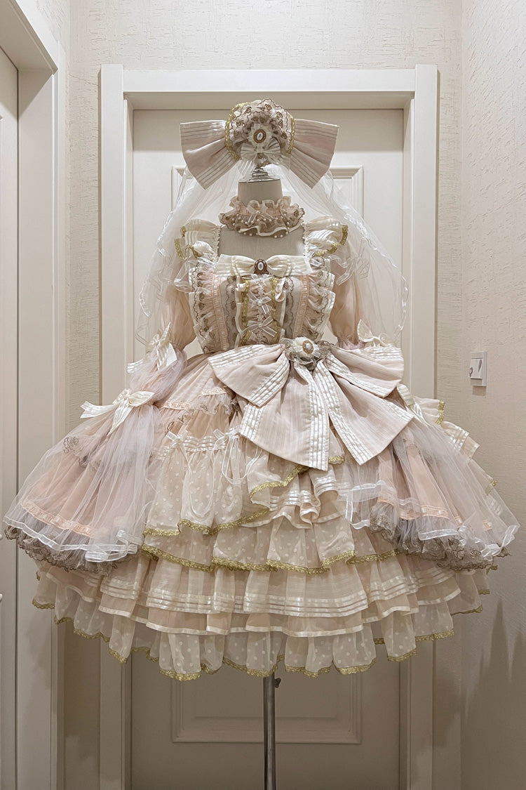 Apricot [Coronation] Long Trumpet Sleeves Multi-Layered Ruffle Bowknot Lace Sweet Gorgeous Lolita Dress Set