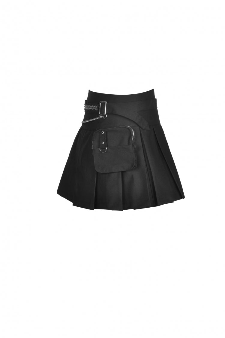 Black Pleated Big-pocket Chain-Decorated Women's Punk Mini Skirt with Belt