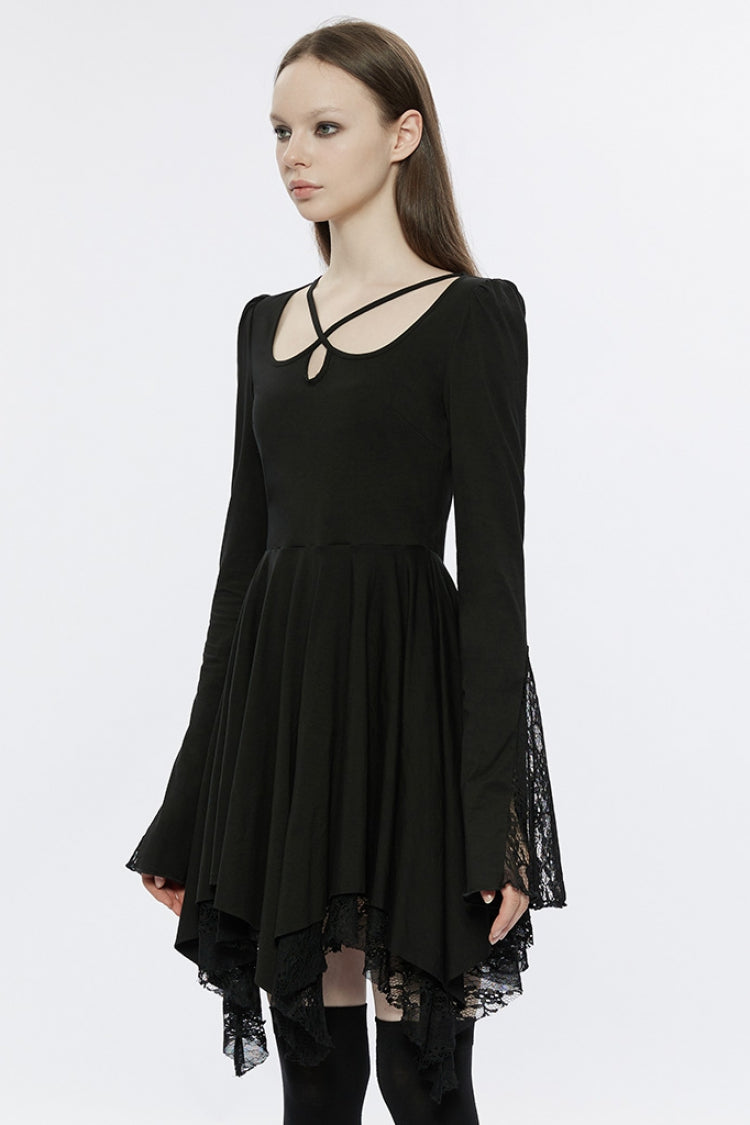 Black Long Trumpet Sleeves Stitching Lace Asymmetric Women's Gothic Dress