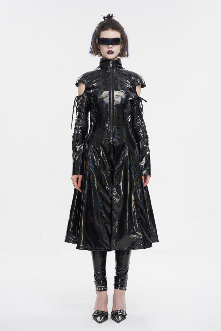 Black Lace Up Mesh Splice Patent Leather Long Women's Punk Coat