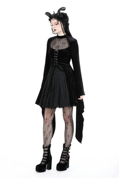 Black Long Trumpet Sleeves Spliced Lace-Up Spider Mesh Women's Gothic Velvet Wedding Dress