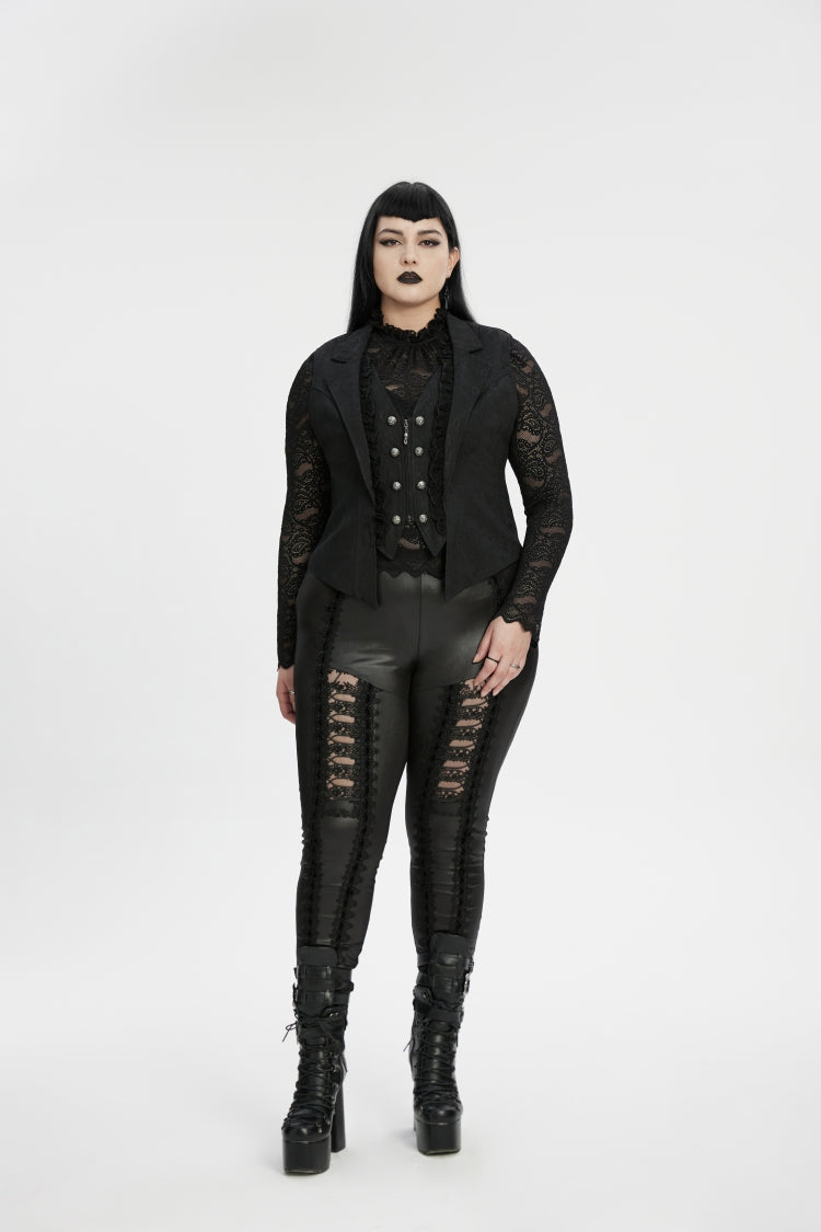 Black Lapel Collar Jacquard Spliced Lace Faux Two-Piece Pleated Women's Plus Size Gothic Vest