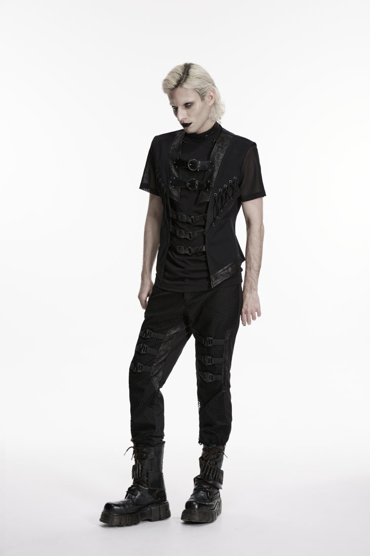 Black Cut-Out Lace-Up Slim Mesh Buckled Eyelet Men's Punk Handsome Vest