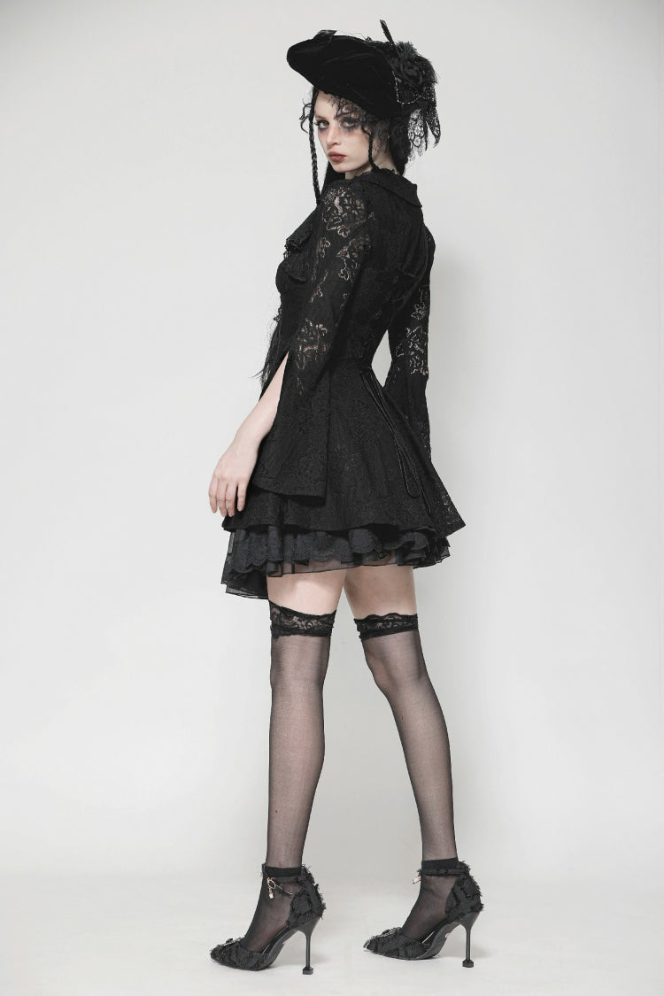 Black Long Trumpet Sleeves Embroidered Lace Lace-Up Women's Gothic Honeymoon Dress