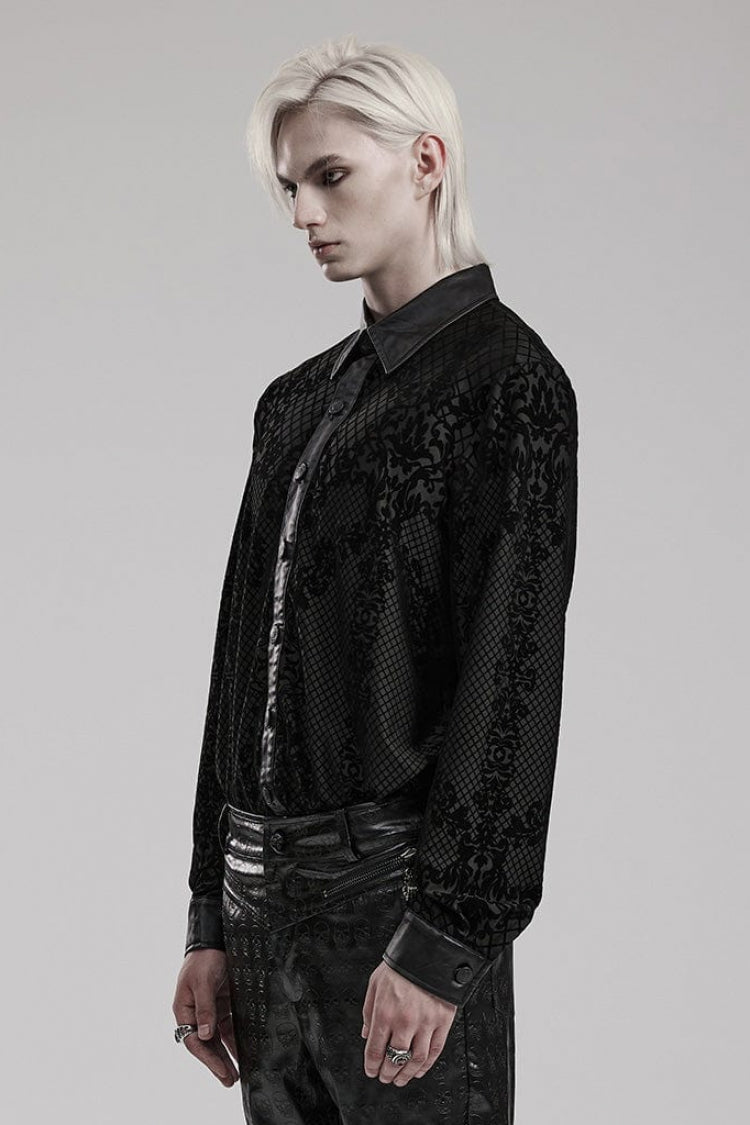 Black Floral Print Faux Leather Stitching Skull Button Decorated Mens Gothic Blouse