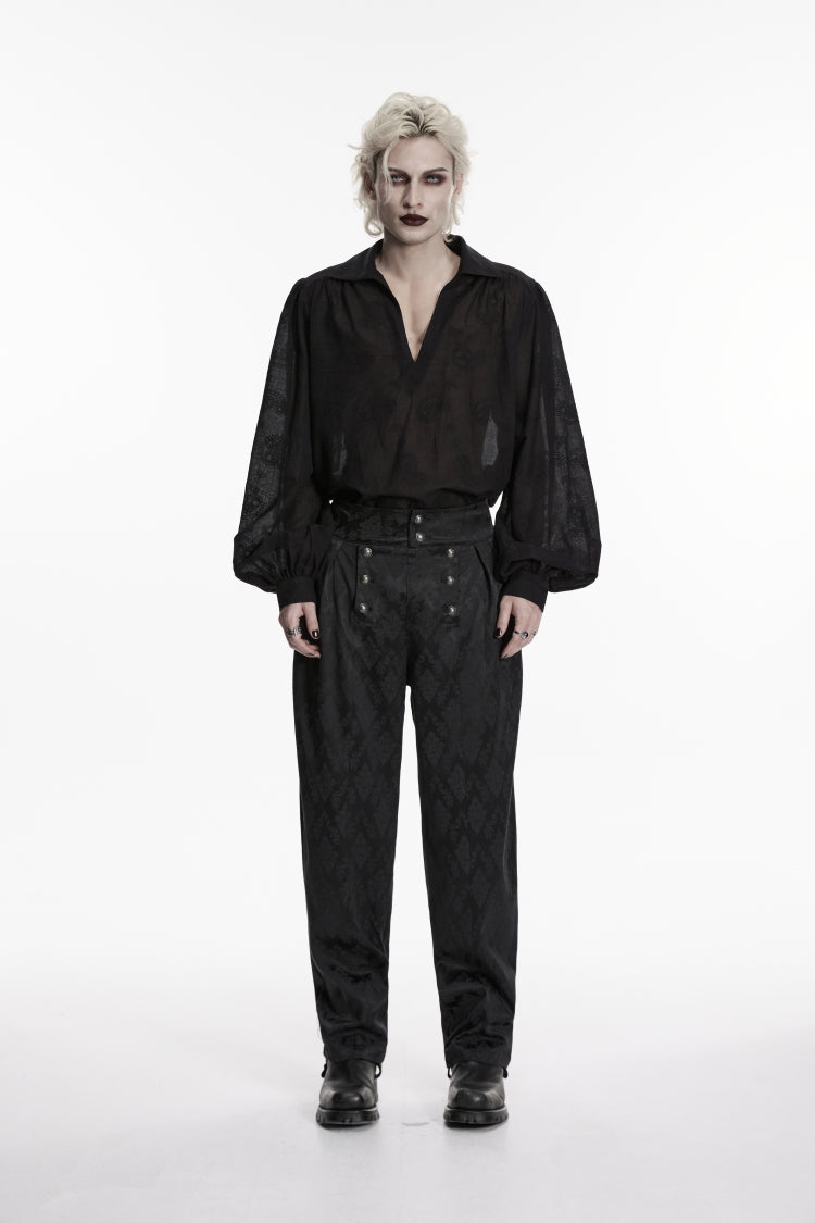 Black Lapel Collar Long Lantern Sleeves Printed Embroidered Men's Gothic Shirt