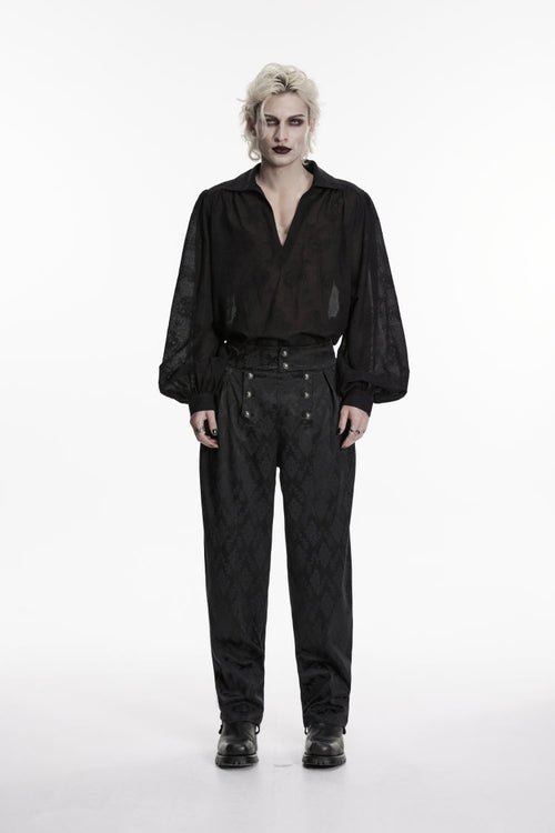 Black Lapel Collar Long Lantern Sleeves Printed Embroidered Men's Gothic Shirt