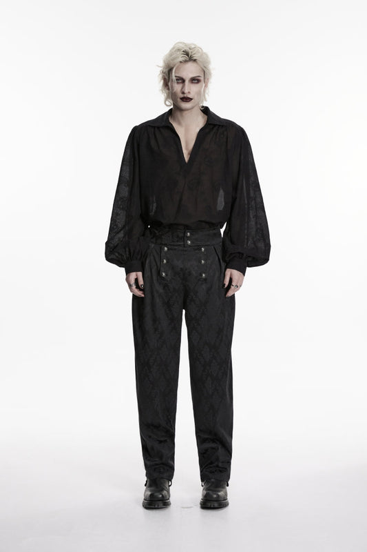 Black Lapel Collar Long Lantern Sleeves Printed Embroidered Men's Gothic Shirt