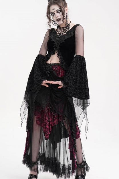 Black Long Sleeves Embroidery Mesh Ripped Women's Gothic Crop Top