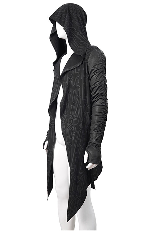 Black Hooded Wrinkled Sleeves Circuit Diagram Print Knit Long Mens Punk Coat