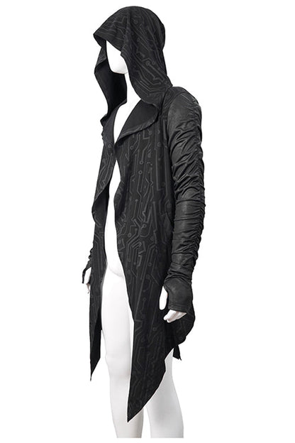 Black Hooded Wrinkled Sleeves Circuit Diagram Print Knit Long Mens Punk Coat
