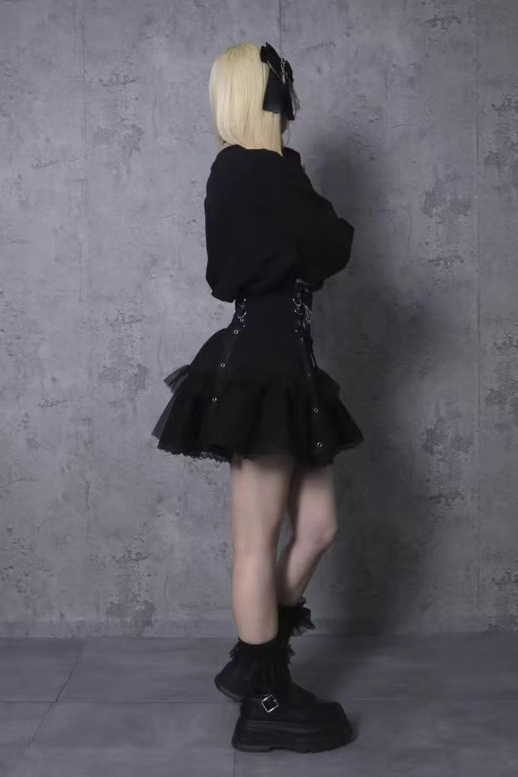 Black High Waisted Ruffle Embroidery Gothic Jirai Kei Japanese Skirt