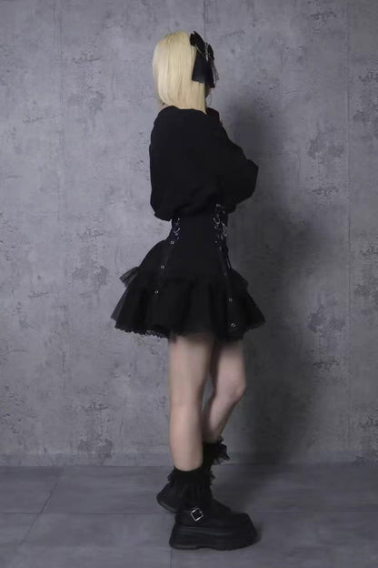 Black High Waisted Ruffle Embroidery Gothic Jirai Kei Japanese Skirt