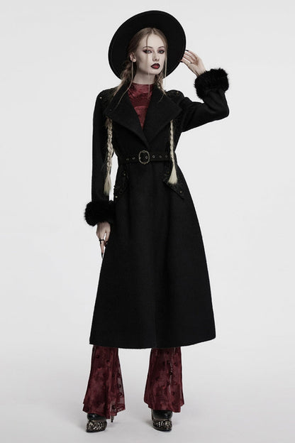 Black Long Sleeves Studded Floral Embroidery Faux Fur Stitching Women's Gothic Coat