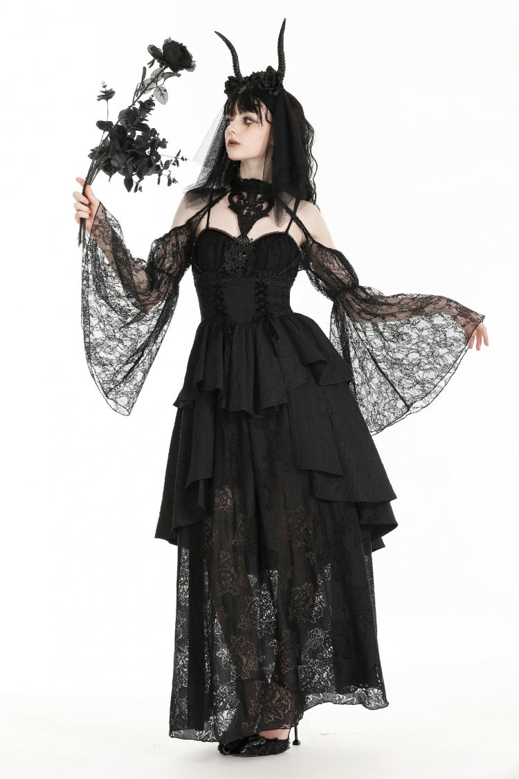 Black Off Shoulder Long Puff Sleeves Cut-Out Lace Women's Gothic Cape