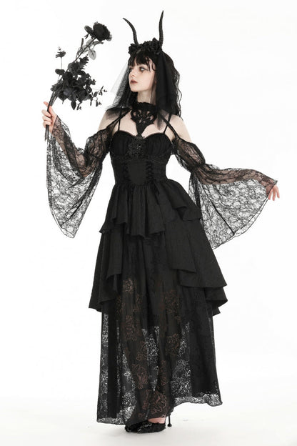 Black Off Shoulder Long Puff Sleeves Cut-Out Lace Women's Gothic Cape