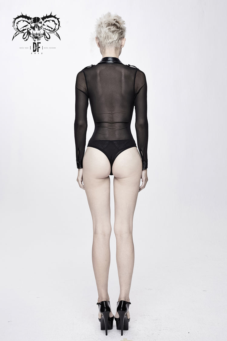 Black Patent Leather Mesh Spliced Long Sleeve Connecting Crotch Women's Punk T-Shirt