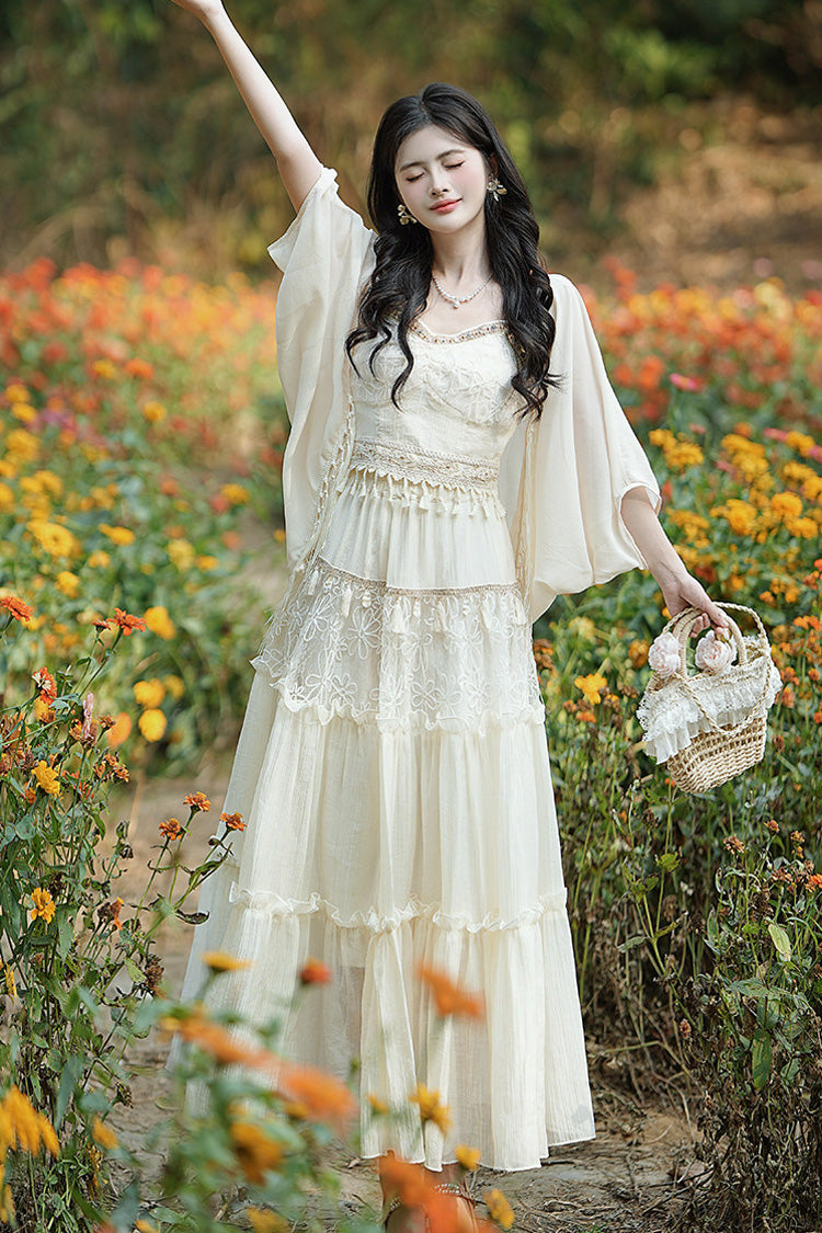 Apricot Bohemian Style Sleeveless Ruffled Embroidered Sweet Lolita Skirt Set