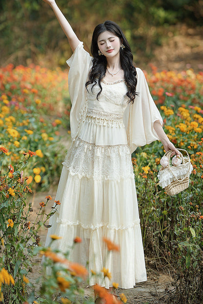 Apricot Bohemian Style Sleeveless Ruffled Embroidered Sweet Lolita Skirt Set