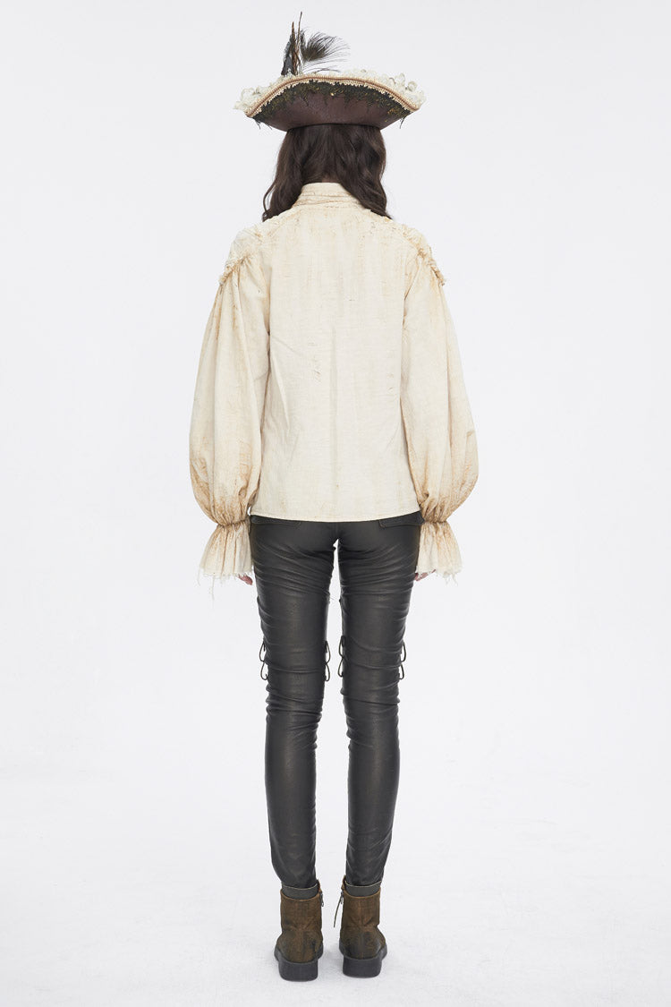 Beige Stand Collar Lantern Sleeves Print Lace Women's Punk Blouse