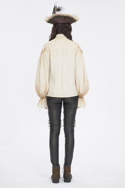 Beige Stand Collar Lantern Sleeves Print Lace Women's Punk Blouse