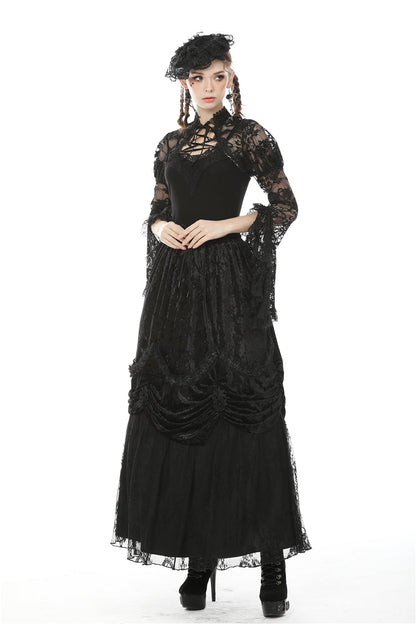 Black Long Puff Sleeves Sheer Floral Lace Lace-Up Women's Gothic Cape