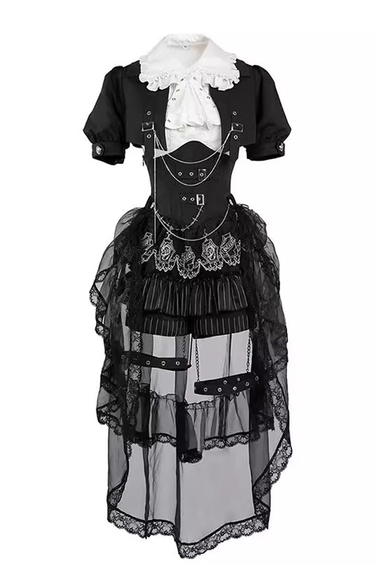 Black Lapel Collar Short Sleeves Lace Prince Ouji Lolita Three-piece Set