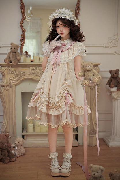 Apricot [Lily's Dream] Stand Collar Short Sleeves Loose-Fit Doll-Like Multi-Layered Ruffled Bow Lace Sweet Lolita Dress 2 Versions
