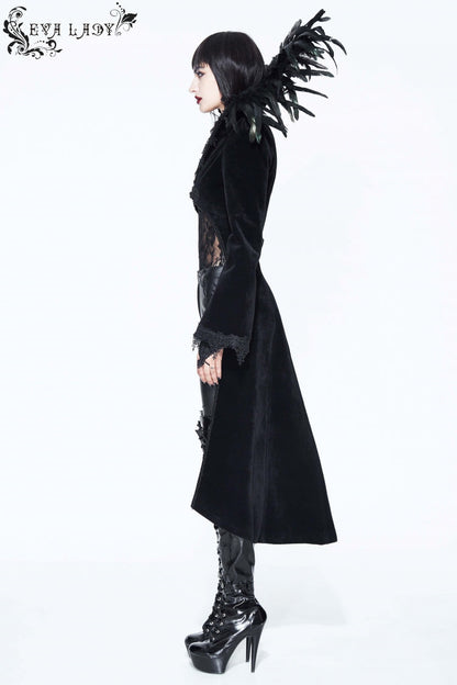 Black Feathered Collar Long Sleeves Bowknot Women's Gothic Tailcoat