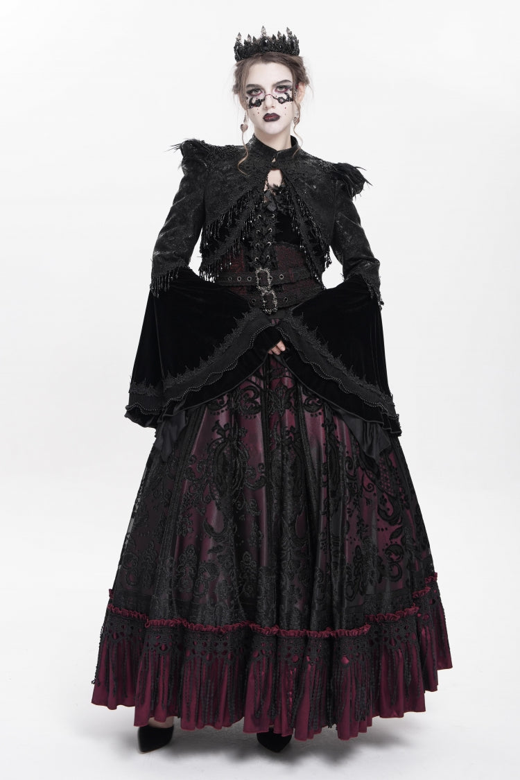 Black Long Sleeves Floral Embroidery Women's Gothic Beaded Frog Short Jacket