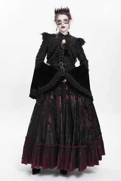 Black Long Sleeves Floral Embroidery Women's Gothic Beaded Frog Short Jacket