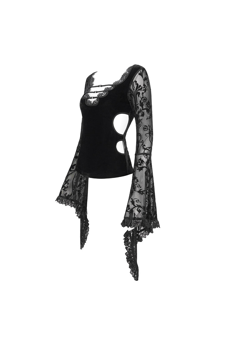 Black Plunging Flared Sleeved Mesh Splice Women's Punk Shirt