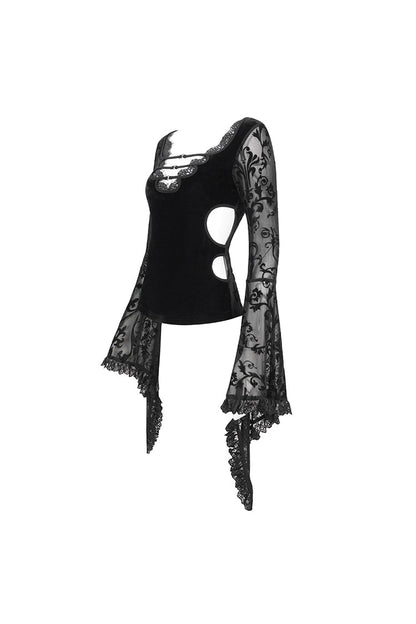 Black Plunging Flared Sleeved Mesh Splice Women's Punk Shirt