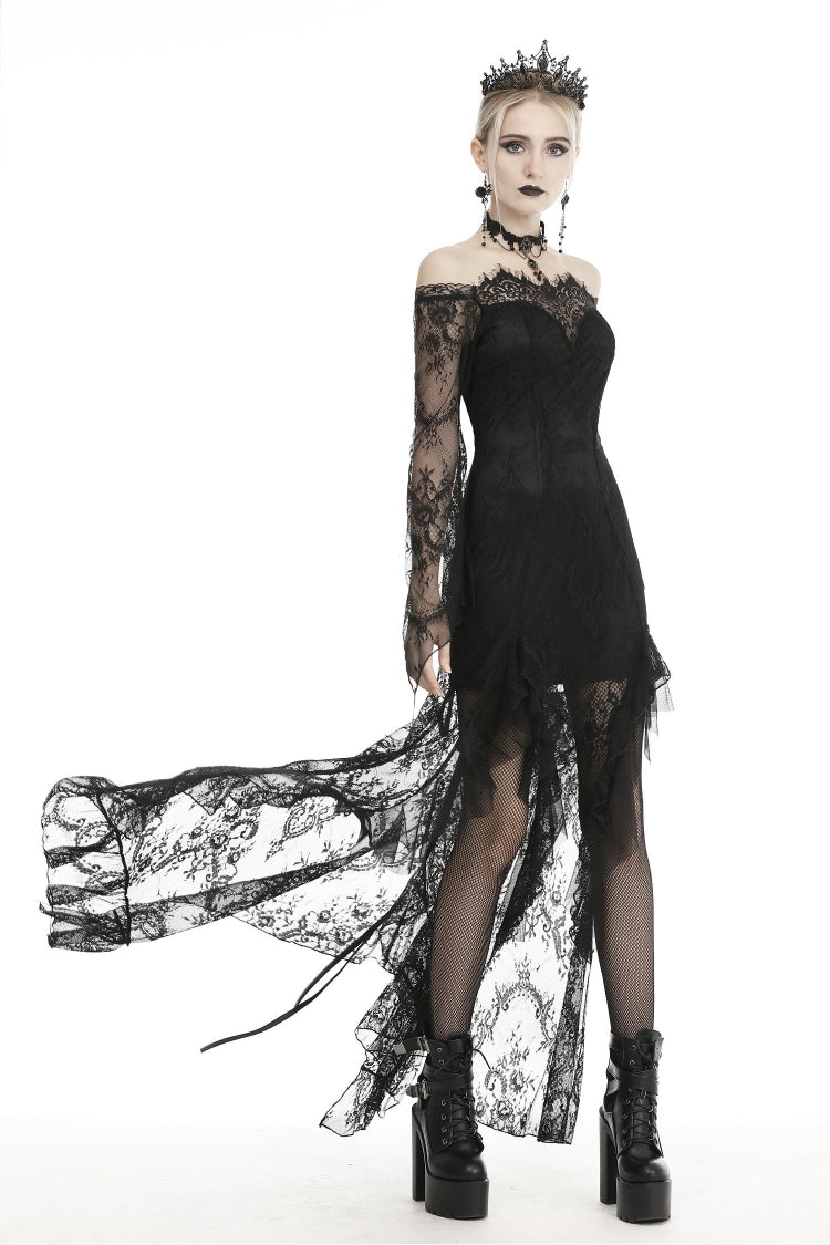 Black Off Shoulder Long Sleeves Lace Lace-Up Women's Gothic Mermaid Wedding Dress