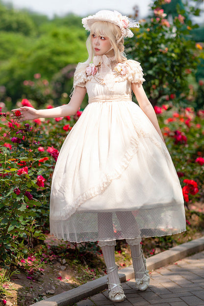 Apricot [Moon goddess *Mediana*] Polka Dot Print Ruffle Bowknot Asymmetric Sweet Elegant Lolita Dress