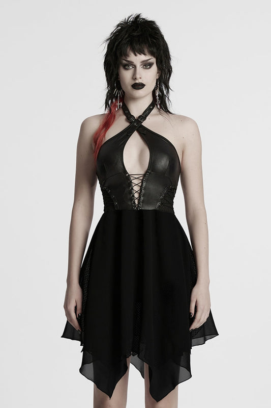 Black Halterneck Lace-Up Irregular Women's Punk Party Dress