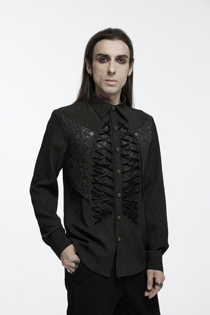 Black Lapel Collar Long Sleeves Jacquard Print Drawstring Lace-Up Men's Gothic Blouse