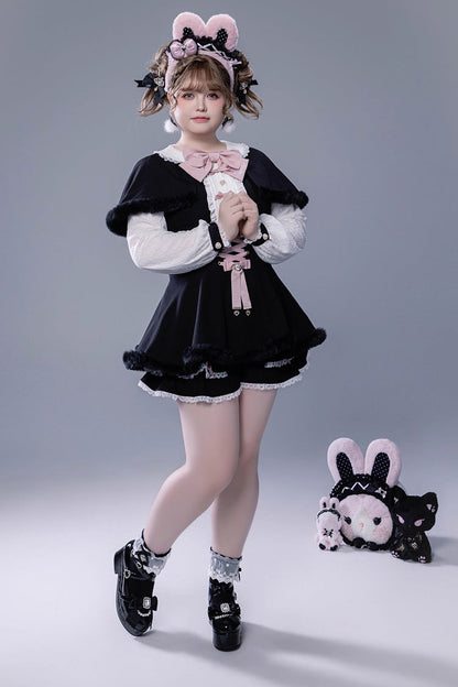 Black Long Sleeves Ruffle Bowknot Lace-Up Japanese Jirai Kei Dress Shorts Plush Set