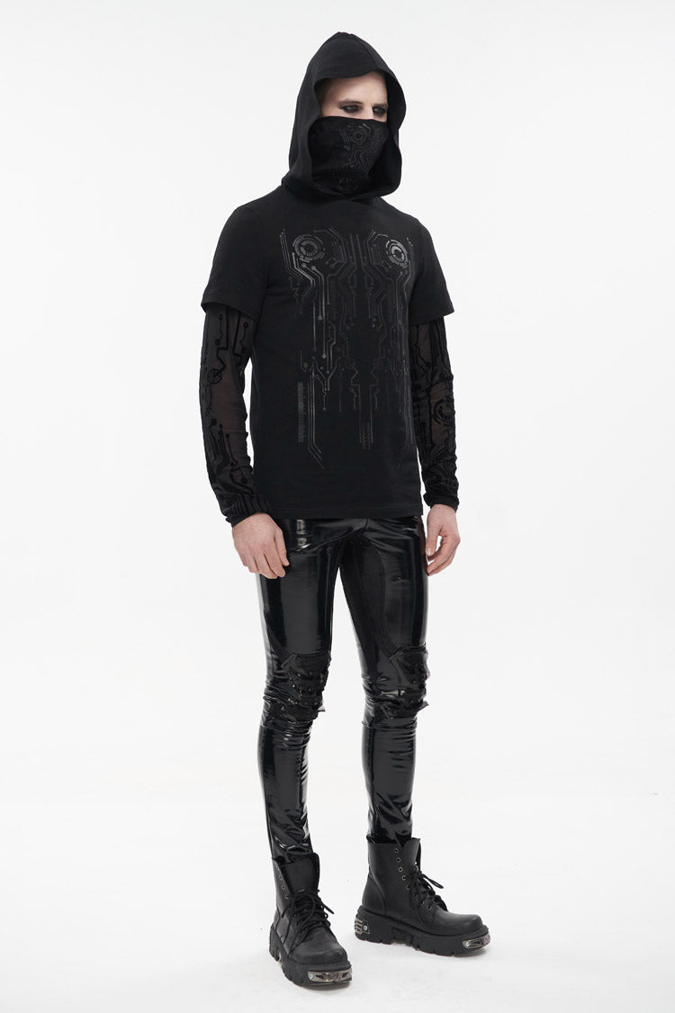 Black Paneled Mesh Long Sleeve Super High Collar Masked Circuit Diagram Printed Hooded Knitted Men's Punk T-Shirt