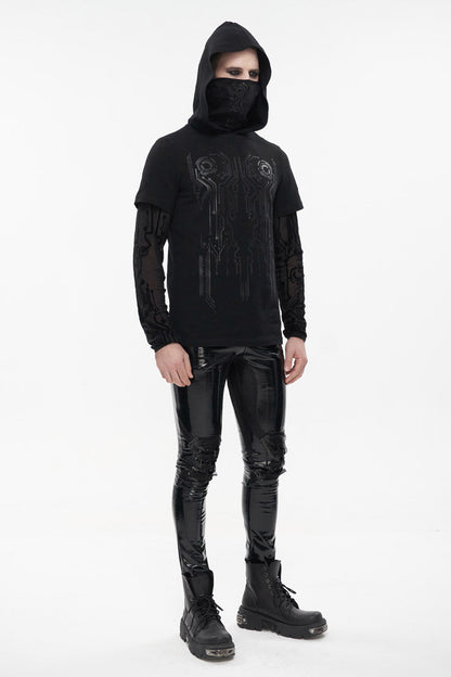 Black Paneled Mesh Long Sleeve Super High Collar Masked Circuit Diagram Printed Hooded Knitted Men's Punk T-Shirt