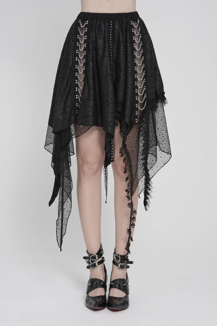 Black Lace Irregular Chain-Decorated Women's Punk Streamer Skirt