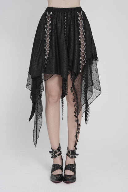 Black Lace Irregular Chain-Decorated Women's Punk Streamer Skirt