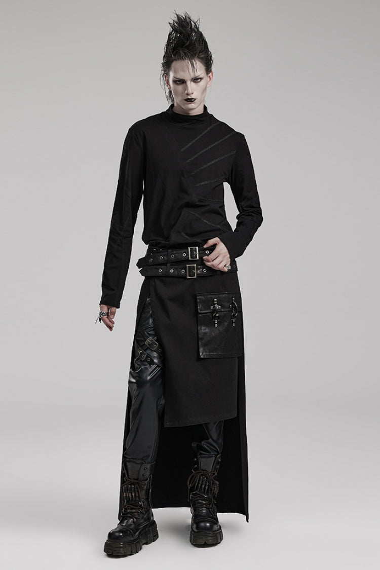 Black Buckle Belt Asymmetric Men's Steampunk Skirt with Side Pockets