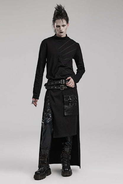 Black Buckle Belt Asymmetric Men's Steampunk Skirt with Side Pockets