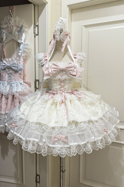 Apricot [Fleishi Island] Sleeveless Ruffle Bowknot Lace Slim Sweet Ballet Lolita Jsk Dress