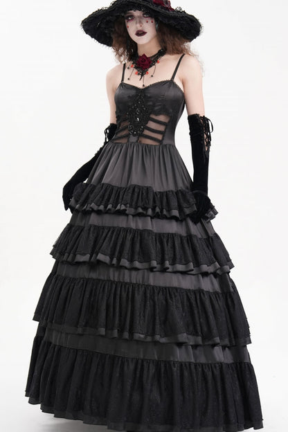 Black Multi-Layered Ruffle Lace-Up Mesh Women's Gothic Dress