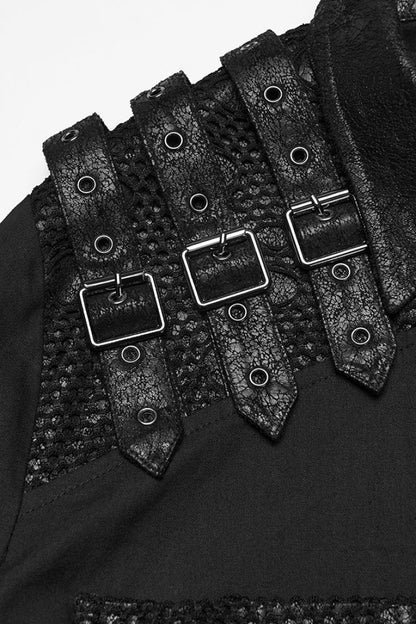 Black Lapel Collar Long Sleeves Stitching Buckle Straps Men's Punk Blouse