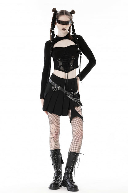 Black Long Sleeves Cut-Out Spliced Mesh Zippered Strappy Eyelet Women's Punk Crop Top