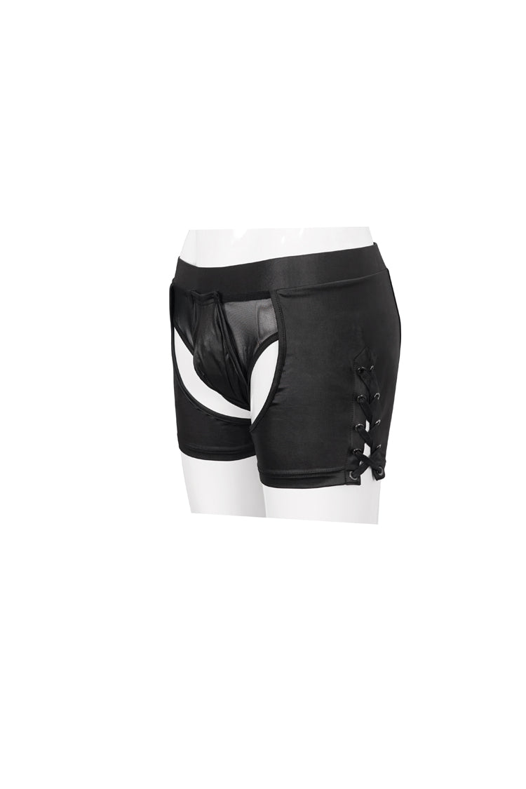 Black Knit Lace Up Perspective Sexy Slim Men's Punk Shorts
