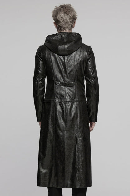 Black Long Sleeves Ruched Faux Leather Stitching Hooded Detachable Men's Punk Coat